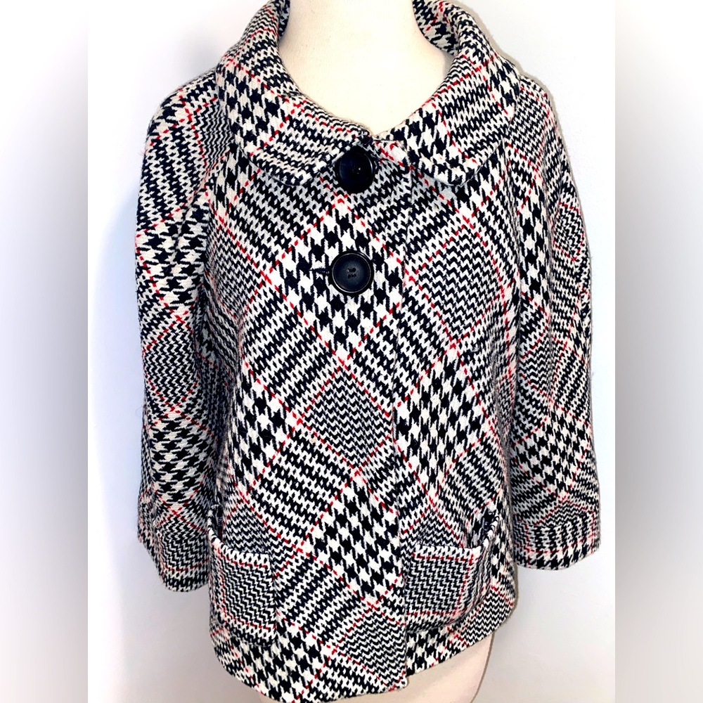 SUNNY TAYLOR Black/Red Wool Blend Houndstooth Jacket/Blazer - Size 10 - EUC